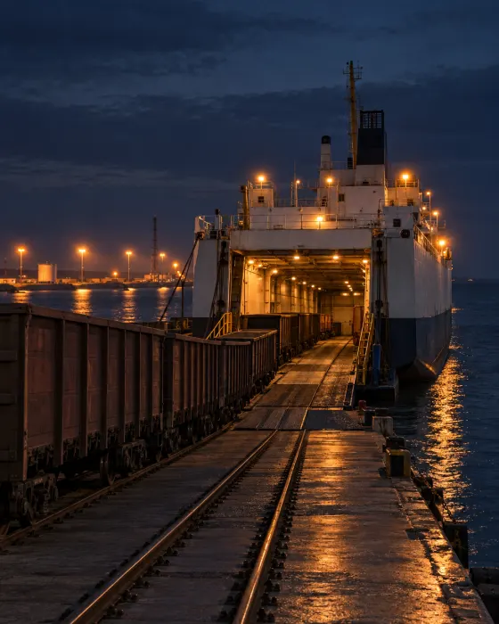 Rail ferry with its ramp lowered at a Caspian quay at night