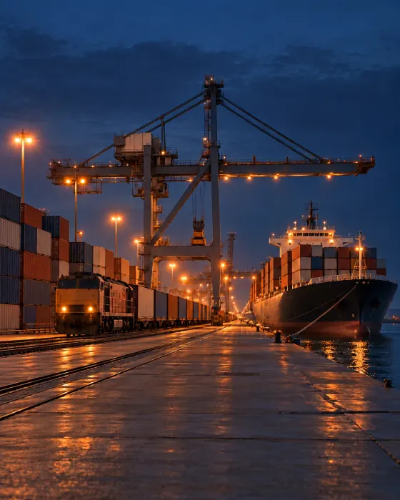 Freight train on the quay of a Caspian container port at night