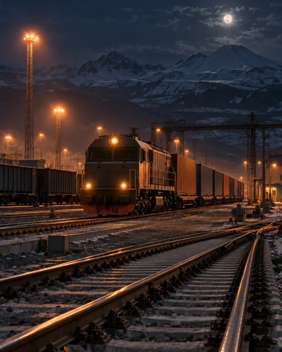 Freight train in a mountain rail yard under moonlight