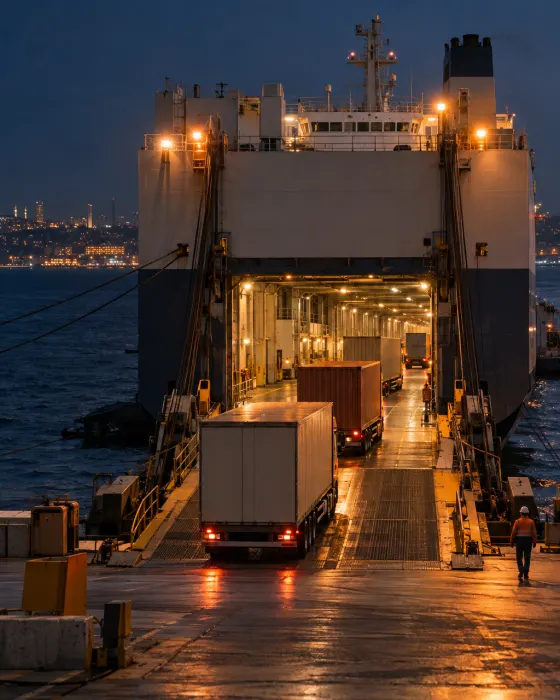 Trailers rolling onto a Ro-Ro ship at an Istanbul terminal at night
